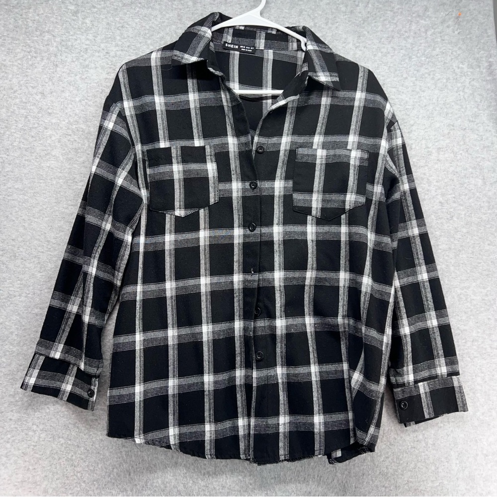 SHEIN Black and White Plaid Button Down Shirt